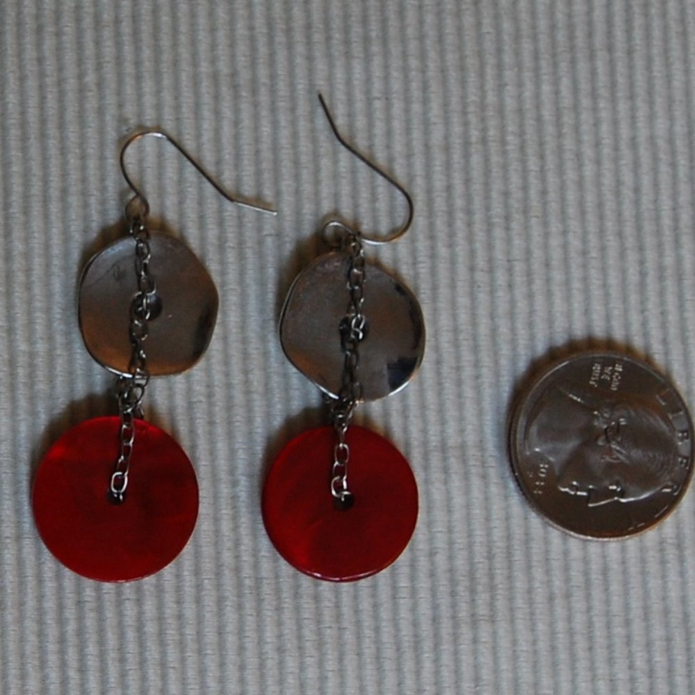 Silver & Red Circle Hanging Earrings W/ Wires